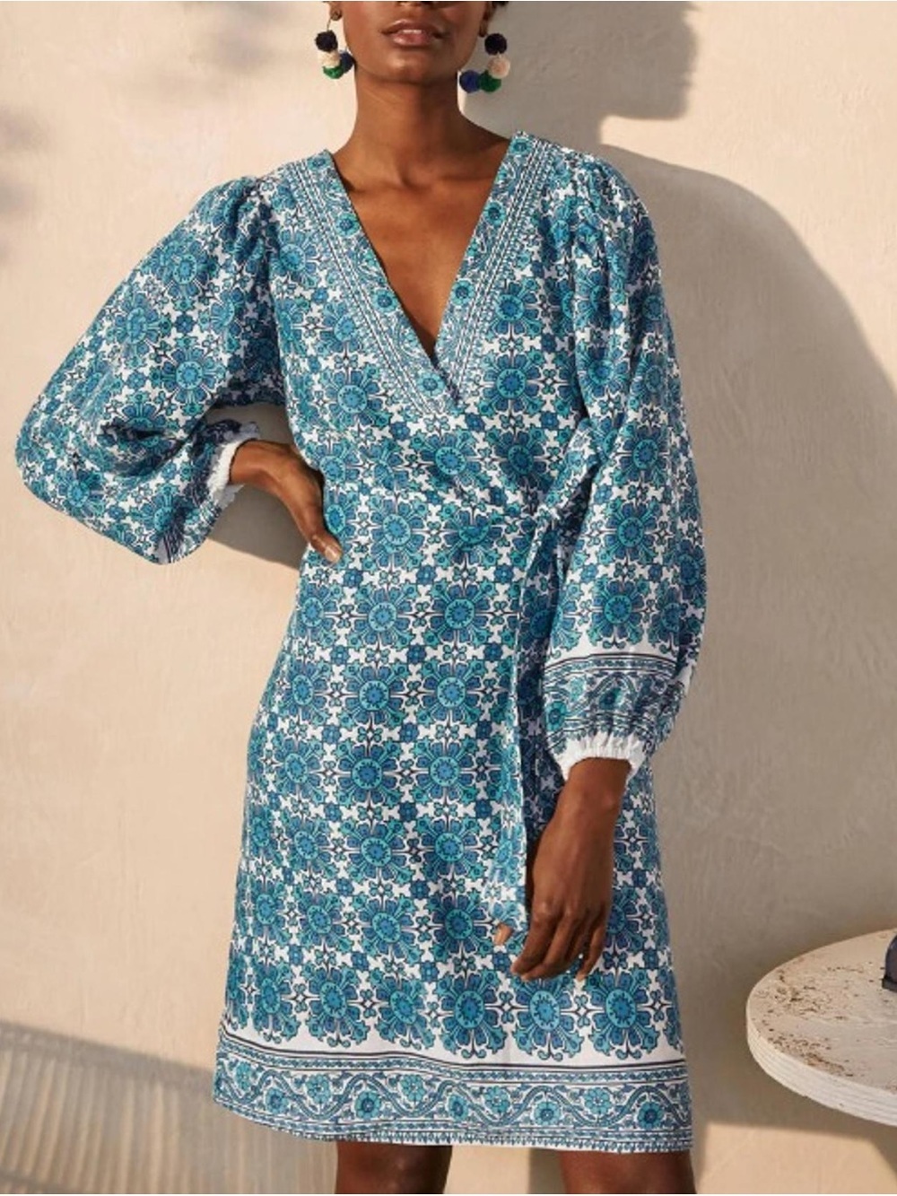 Boden Bridget Linen Dress sz 2 Belted Indian Ocean Flora Tile V-Neck